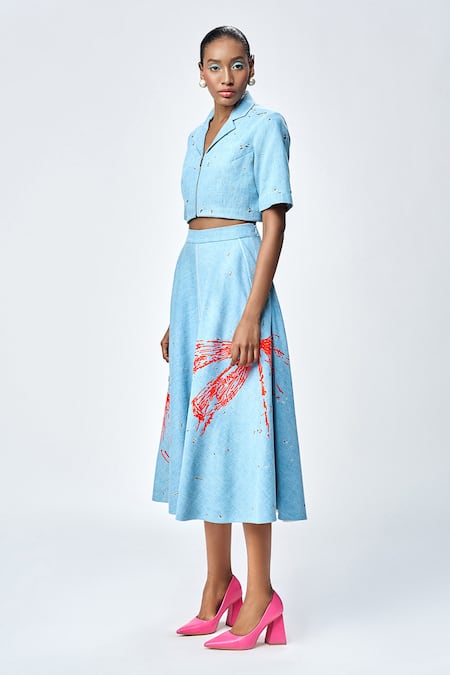 Shahin Mannan_Blue Denim Embroidery Collared Dragonfly Shirt And Skirt Set _Online_at_Aza_Fashions