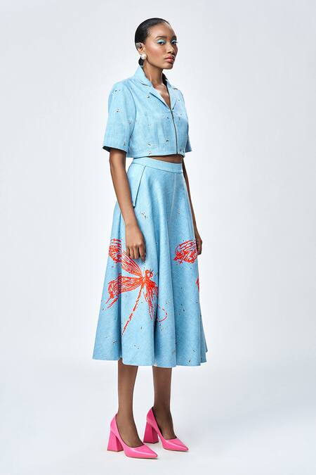 Buy_Shahin Mannan_Blue Denim Embroidery Collared Dragonfly Shirt And Skirt Set _Online_at_Aza_Fashions