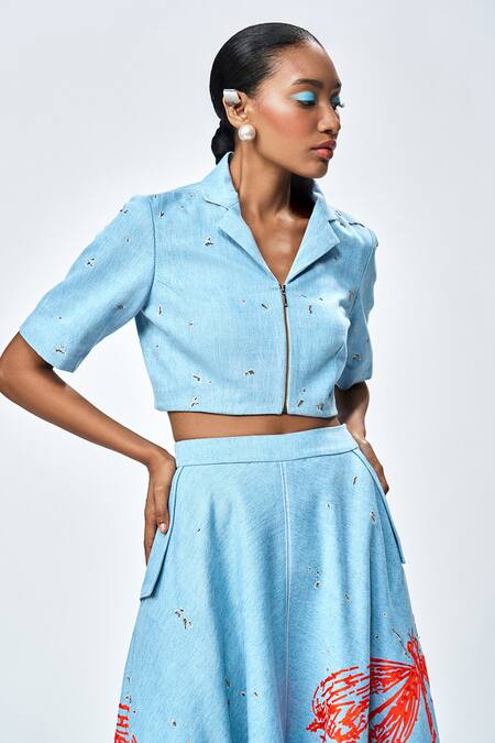 Shop_Shahin Mannan_Blue Denim Embroidery Collared Dragonfly Shirt And Skirt Set _Online_at_Aza_Fashions
