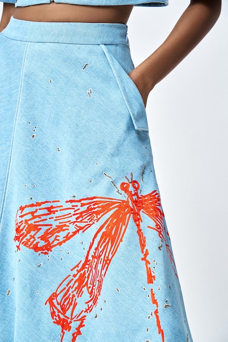 Shahin Mannan_Blue Denim Embroidery Collared Dragonfly Shirt And Skirt Set _at_Aza_Fashions