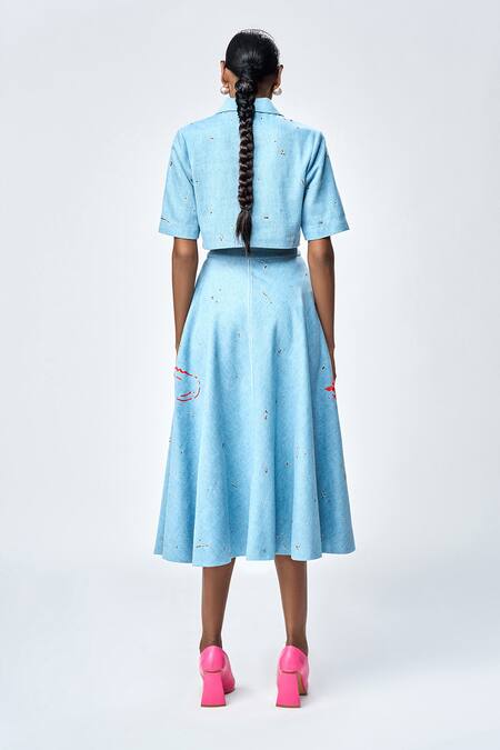 Shop_Shahin Mannan_Blue Thin Denim Embroidered Dragonfly Skirt _at_Aza_Fashions
