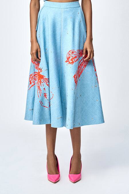 Shahin Mannan_Blue Thin Denim Embroidered Dragonfly Skirt _Online_at_Aza_Fashions