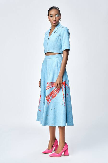 Buy_Shahin Mannan_Blue Thin Denim Embroidered Dragonfly Skirt _Online_at_Aza_Fashions