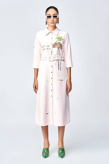 Shahin Mannan Palm Tree Embroidered Midi Dress With Belt 