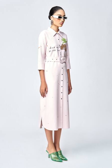 Buy_Shahin Mannan_Peach Crepe Embroidery Collared Palm Tree Midi Dress With Belt _Online_at_Aza_Fashions