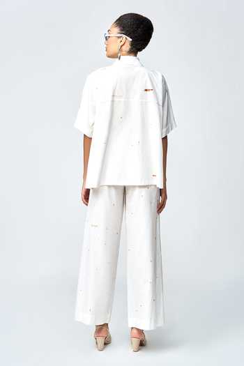 Shop Shahin Mannan Ivory Cotton, Silk Embroidery Collared Summer Plant Shirt at Aza Fashions Shop_Shahin Mannan_Ivory Cotton, Silk Embroidery Collared Summer Plant Shirt _at_Aza_Fashions