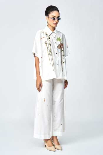 Shop Shahin Mannan Ivory Cotton, Silk Embroidery Collared Summer Plant Shirt Online at Aza Fashions Shop_Shahin Mannan_Ivory Cotton, Silk Embroidery Collared Summer Plant Shirt _Online_at_Aza_Fashions