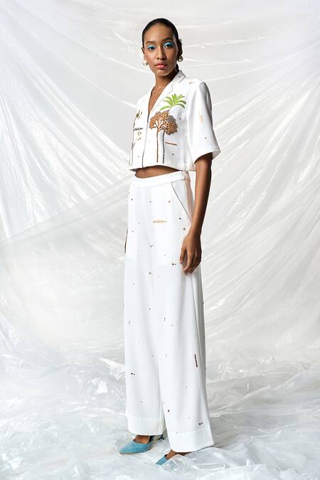 Shahin Mannan_Ivory Crepe Embroidery Collared Summer Plant Palm Tree Shirt _Online_at_Aza_Fashions