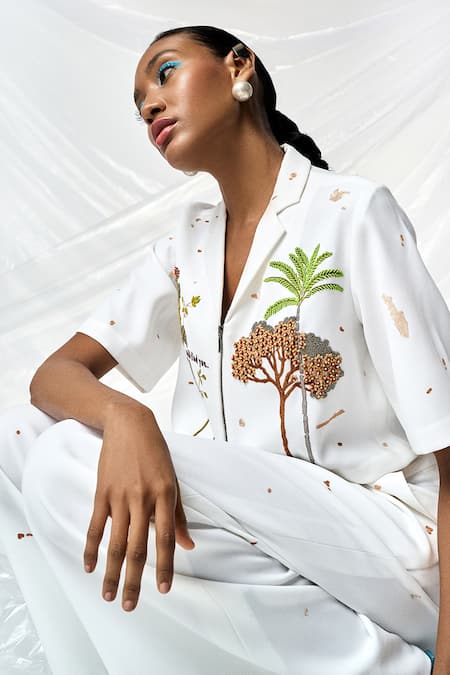 Shop_Shahin Mannan_Ivory Crepe Embroidery Collared Summer Plant Palm Tree Shirt _Online_at_Aza_Fashions