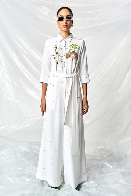 Shahin Mannan Summer Plant Embroidered Jumpsuit With Belt 