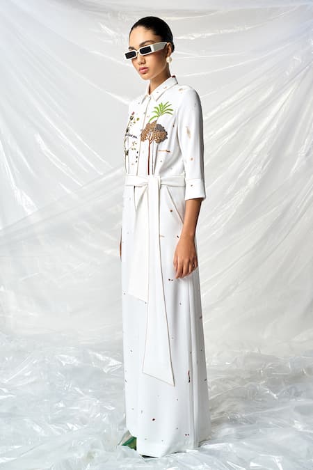 Shahin Mannan Ivory Crepe Embroidery Collared Summer Plant Jumpsuit With Belt Online at Aza Fashions Shahin Mannan_Ivory Crepe Embroidery Collared Summer Plant Jumpsuit With Belt _Online_at_Aza_Fashions