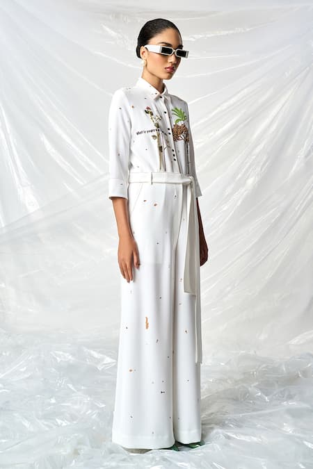 Buy Shahin Mannan Ivory Crepe Embroidery Collared Summer Plant Jumpsuit With Belt Online at Aza Fashions Buy_Shahin Mannan_Ivory Crepe Embroidery Collared Summer Plant Jumpsuit With Belt _Online_at_Aza_Fashions
