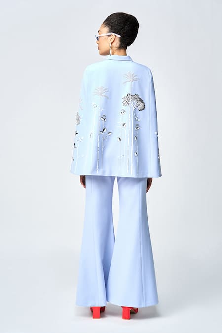 Shop Shahin Mannan Blue Crepe Tropical Forest Embroidered Cape And Pant Set at Aza Fashions Shop_Shahin Mannan_Blue Crepe Tropical Forest Embroidered Cape And Pant Set _at_Aza_Fashions