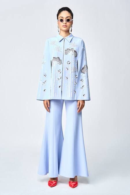 Shahin Mannan Blue Crepe Tropical Forest Embroidered Cape And Pant Set Online at Aza Fashions Shahin Mannan_Blue Crepe Tropical Forest Embroidered Cape And Pant Set _Online_at_Aza_Fashions