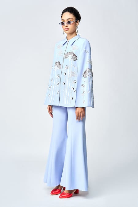 Shop Shahin Mannan Blue Crepe Tropical Forest Embroidered Cape And Pant Set Online at Aza Fashions Shop_Shahin Mannan_Blue Crepe Tropical Forest Embroidered Cape And Pant Set _Online_at_Aza_Fashions