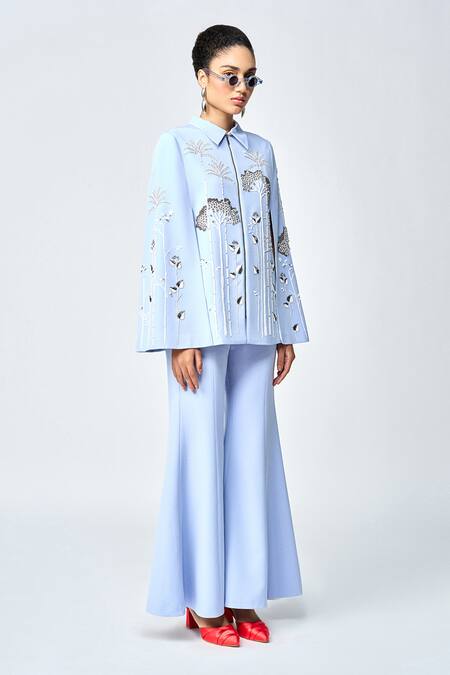 Shahin Mannan Blue Crepe Tropical Forest Embroidered Cape And Pant Set at Aza Fashions Shahin Mannan_Blue Crepe Tropical Forest Embroidered Cape And Pant Set _at_Aza_Fashions