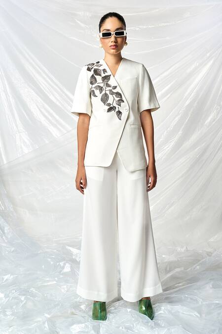 Shahin Mannan_Ivory Satin, Crepe Embroidery Overlap Hazel Leaf Blazer _Online_at_Aza_Fashions