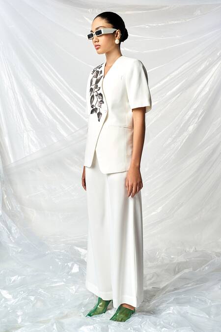 Buy_Shahin Mannan_Ivory Satin, Crepe Embroidery Overlap Hazel Leaf Blazer _Online_at_Aza_Fashions