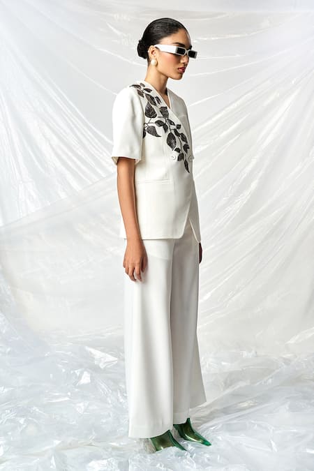 Shop_Shahin Mannan_Ivory Satin, Crepe Embroidery Overlap Hazel Leaf Blazer _Online_at_Aza_Fashions