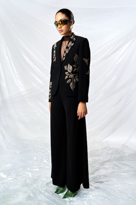 Shop_Shahin Mannan_Black Crepe Embroidery Hand Blazer With Pant _Online_at_Aza_Fashions