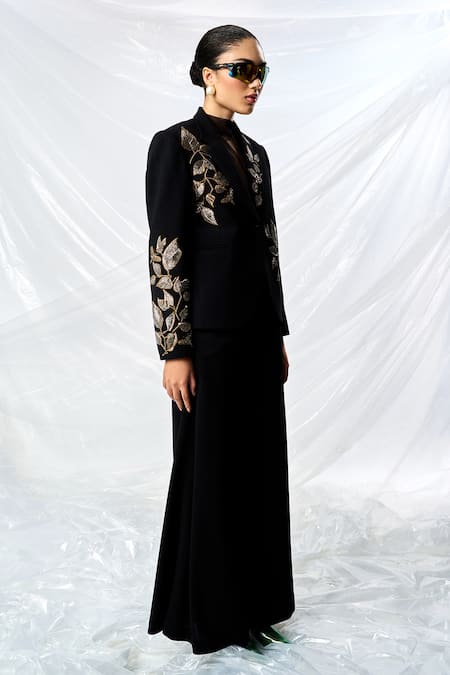 Shahin Mannan_Black Crepe Embroidery Hand Blazer With Pant _at_Aza_Fashions