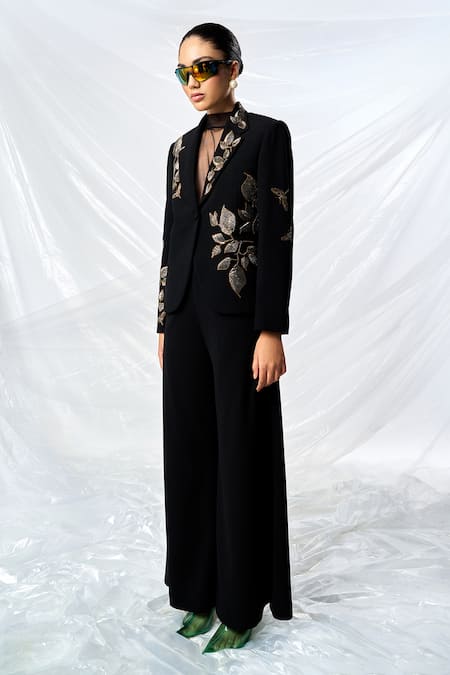 Buy_Shahin Mannan_Black Crepe Embroidery Hand Blazer _Online_at_Aza_Fashions