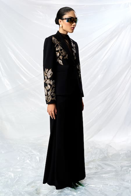 Shop_Shahin Mannan_Black Crepe Embroidery Hand Blazer _Online_at_Aza_Fashions