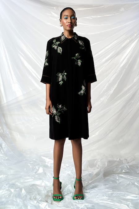 Shahin Mannan Black Japanese Crepe Hand Embroidery Hazel Leaves Collared Neck Dress 