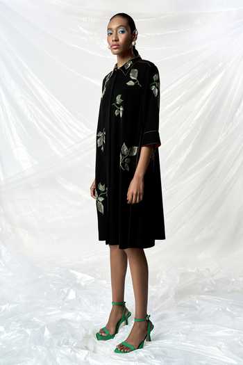 Shahin Mannan_Black Crepe Embroidery Collared Hazel Leaves Dress _Online_at_Aza_Fashions