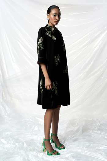Buy_Shahin Mannan_Black Crepe Embroidery Collared Hazel Leaves Dress _Online_at_Aza_Fashions
