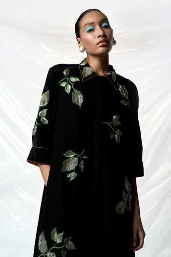 Shop_Shahin Mannan_Black Crepe Embroidery Collared Hazel Leaves Dress _Online_at_Aza_Fashions