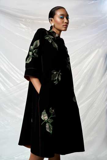 Shahin Mannan_Black Crepe Embroidery Collared Hazel Leaves Dress _at_Aza_Fashions