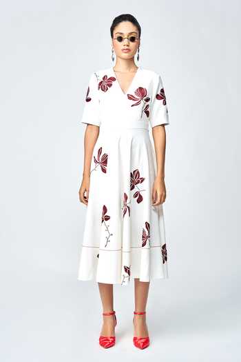 Shahin Mannan Ivory Crepe Embroidery V-neck Magnolia Dress Online at Aza Fashions Shahin Mannan_Ivory Crepe Embroidery V-neck Magnolia Dress _Online_at_Aza_Fashions