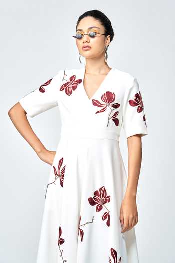 Shahin Mannan Ivory Crepe Embroidery V-neck Magnolia Dress at Aza Fashions Shahin Mannan_Ivory Crepe Embroidery V-neck Magnolia Dress _at_Aza_Fashions