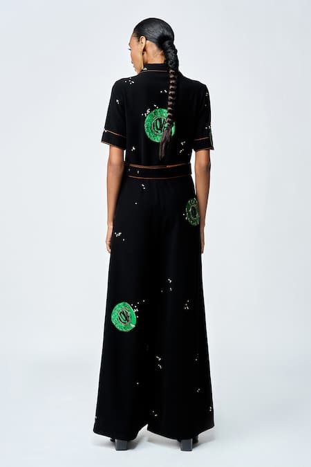 Shop Shahin Mannan Black Crepe Embroidery, Buckles Collared Telephone Dial Jumpsuit With Belt at Aza Fashions Shop_Shahin Mannan_Black Crepe Embroidery, Buckles Collared Telephone Dial Jumpsuit With Belt _at_Aza_Fashions