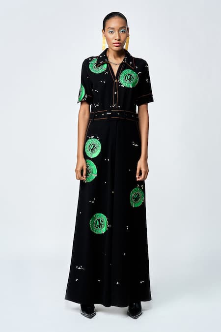 Shahin Mannan Black Crepe Embroidery, Buckles Collared Telephone Dial Jumpsuit With Belt Online at Aza Fashions Shahin Mannan_Black Crepe Embroidery, Buckles Collared Telephone Dial Jumpsuit With Belt _Online_at_Aza_Fashions