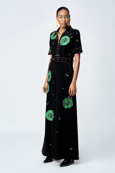 Buy Shahin Mannan Black Crepe Embroidery, Buckles Collared Telephone Dial Jumpsuit With Belt Online at Aza Fashions Buy_Shahin Mannan_Black Crepe Embroidery, Buckles Collared Telephone Dial Jumpsuit With Belt _Online_at_Aza_Fashions