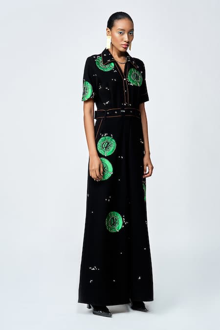 Shop Shahin Mannan Black Crepe Embroidery, Buckles Collared Telephone Dial Jumpsuit With Belt Online at Aza Fashions Shop_Shahin Mannan_Black Crepe Embroidery, Buckles Collared Telephone Dial Jumpsuit With Belt _Online_at_Aza_Fashions