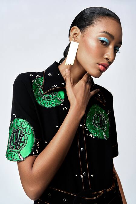 Shahin Mannan Black Crepe Embroidery, Buckles Collared Telephone Dial Jumpsuit With Belt at Aza Fashions Shahin Mannan_Black Crepe Embroidery, Buckles Collared Telephone Dial Jumpsuit With Belt _at_Aza_Fashions