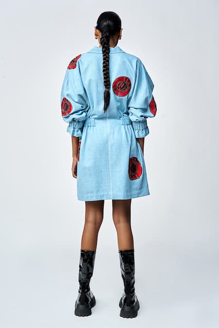 Shop Shahin Mannan Blue Denim Embroidery Collared Telephone Dial Dress at Aza Fashions Shop_Shahin Mannan_Blue Denim Embroidery Collared Telephone Dial Dress _at_Aza_Fashions