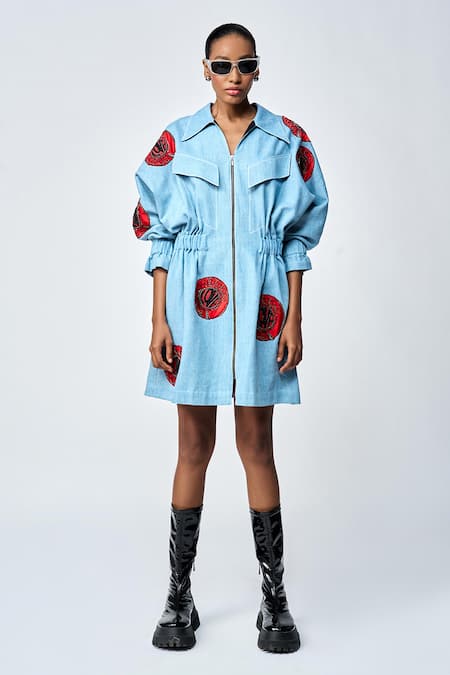 Shahin Mannan Blue Denim Embroidery Collared Telephone Dial Dress Online at Aza Fashions Shahin Mannan_Blue Denim Embroidery Collared Telephone Dial Dress _Online_at_Aza_Fashions
