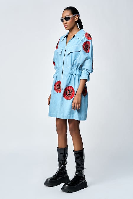 Buy Shahin Mannan Blue Denim Embroidery Collared Telephone Dial Dress Online at Aza Fashions Buy_Shahin Mannan_Blue Denim Embroidery Collared Telephone Dial Dress _Online_at_Aza_Fashions
