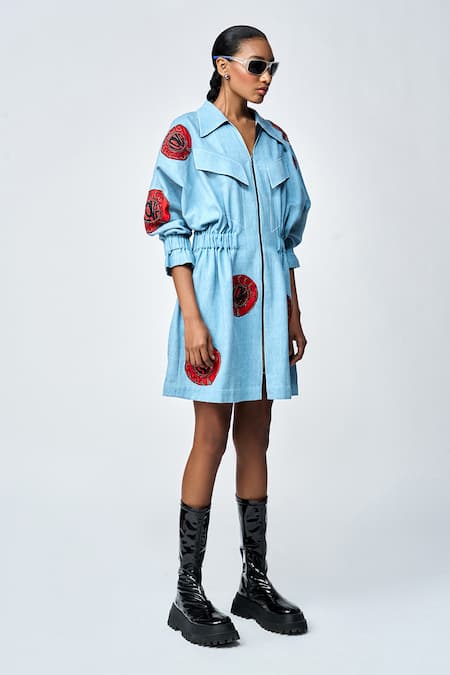 Shop Shahin Mannan Blue Denim Embroidery Collared Telephone Dial Dress Online at Aza Fashions Shop_Shahin Mannan_Blue Denim Embroidery Collared Telephone Dial Dress _Online_at_Aza_Fashions