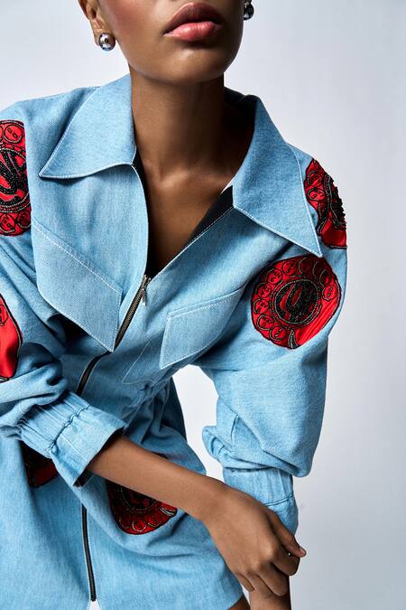 Shahin Mannan Blue Denim Embroidery Collared Telephone Dial Dress at Aza Fashions Shahin Mannan_Blue Denim Embroidery Collared Telephone Dial Dress _at_Aza_Fashions