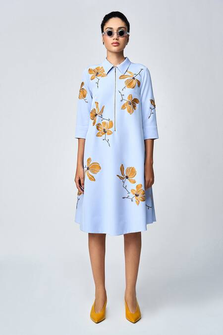 Shahin Mannan_Blue Crepe Embroidery Collared Magnolia Midi Dress _Online_at_Aza_Fashions