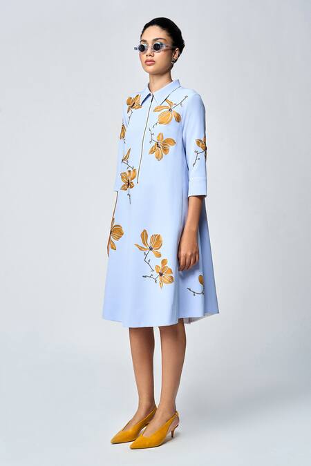Buy_Shahin Mannan_Blue Crepe Embroidery Collared Magnolia Midi Dress _Online_at_Aza_Fashions