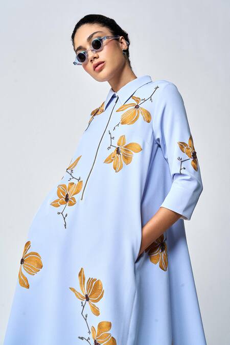 Shahin Mannan_Blue Crepe Embroidery Collared Magnolia Midi Dress _at_Aza_Fashions