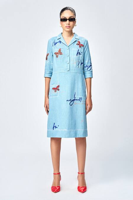 Shahin Mannan_Blue Denim Embroidery Collared Butterfly Scribble Empire Dress _Online_at_Aza_Fashions