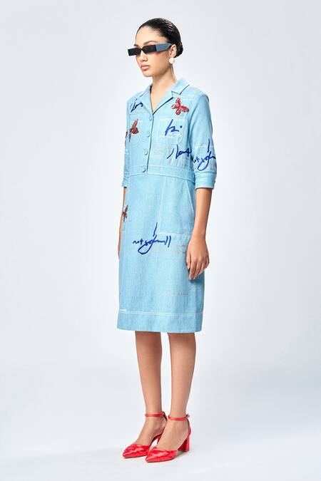 Buy_Shahin Mannan_Blue Denim Embroidery Collared Butterfly Scribble Empire Dress _Online_at_Aza_Fashions