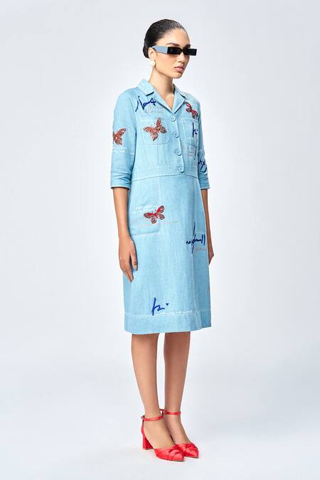 Shop_Shahin Mannan_Blue Denim Embroidery Collared Butterfly Scribble Empire Dress _Online_at_Aza_Fashions